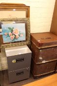 Vintage canvas bound trunk, two drawer filing cabinet,