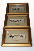 Set of three stevengraphs, The Meet, Full Cry and The Death, in gilt frames.