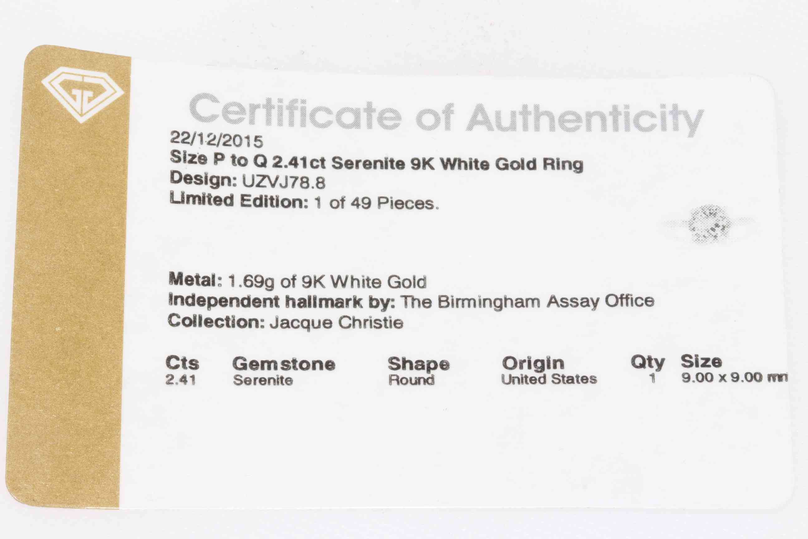9k white gold and Serenite ring, size P/Q, with certificate. - Image 2 of 2