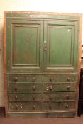 Large Victorian painted pine press, the fitted two door top above a base of eight drawers,