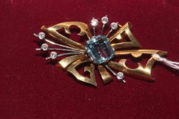 18 carat yellow gold and platinum, aquamarine and diamond brooch,