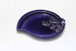 Chinese blue glazed lotus shape pin dish, 10.5cm across, impressed seal mark.