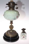 Victorian floral glass reservoir and brass oil lamp with floral design porcelain shade.