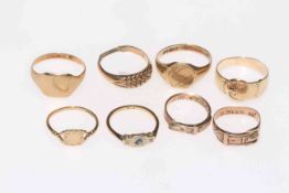 Collection of eight 9 carat gold rings.