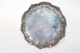 Chester hallmarked silver card tray with scroll border, 1901, 16.5cm diameter.