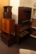 Two drawer mahogany open bookcase, three tier open bookcase, bow front mahogany two door cabinet,