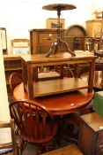 Circular extending pedestal dining table, four rail back chairs, hardwood hall table,