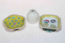 Two small Chinese tazza, and scent bottle (3).