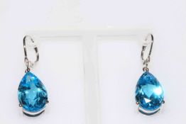 Pair 18 carat white gold and blue topaz drop earrings, total topaz weight 22 carat.