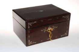 Good Victorian inlaid rosewood dressing box with eight silver topped jars hallmarked for London