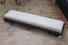 Victorian carved mahogany long footstool in tapestry fabric, 115cm long.