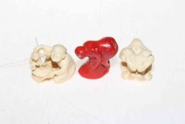 Japanese ivory Okimono of a monkey trainer, 4.5cm height, three monkey piece and coral money (3).