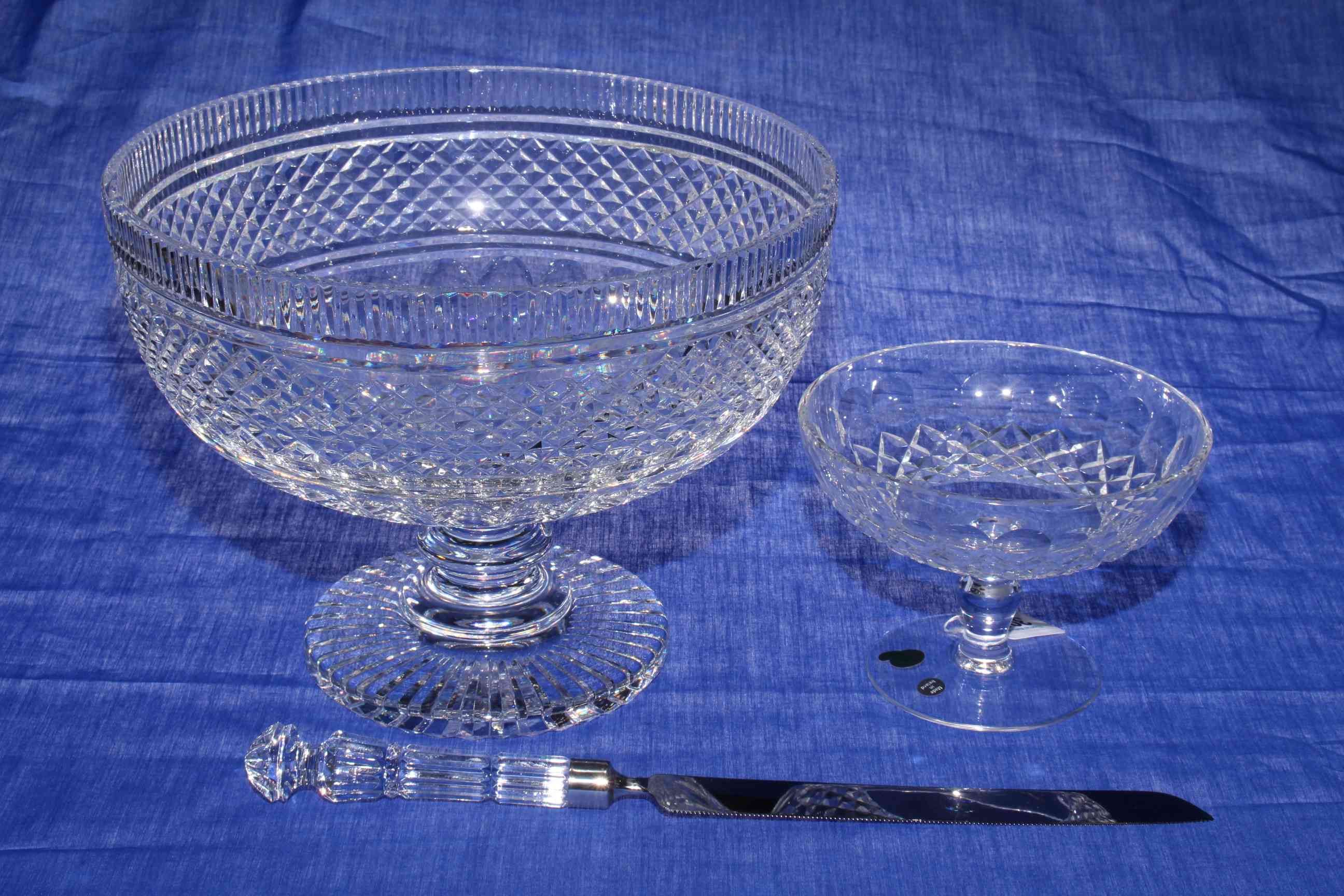 Waterford crystal pedestal punch bowl, cake knife and bon bon tazza (3).