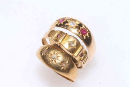 Three 18 carat gold rings, two set with rubies and diamonds.