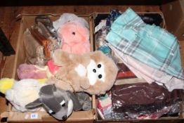 Two boxes of ladies scarves, handbags, purses, wallets and fur animal children's backpacks,