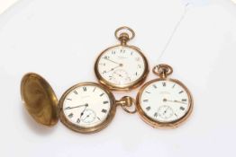 Three American Waltham and Elgin gold plated keyless pocket watches.