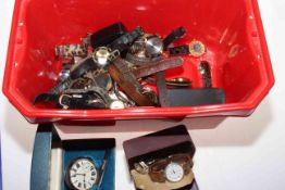 Box of contemporary wristwatches including silver pocket watch.