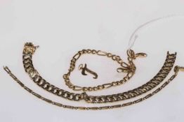 Three 14k gold bracelets and pendant.