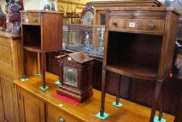 Pair Edwardian mahogany bow front night stands having slide above a drawer with open compartment