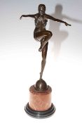 Art Deco style bronze model of a dancing lady on marble base, 56cm.