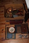 Two boxes of various items including copper moulds, stationery box, etc.