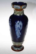 Large Doulton Lambeth stoneware vase, the body with five maidens in relief on blue ground,
