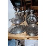 Collection of silver plated ware including coffee pot, vegetable dish, goblets, etc.