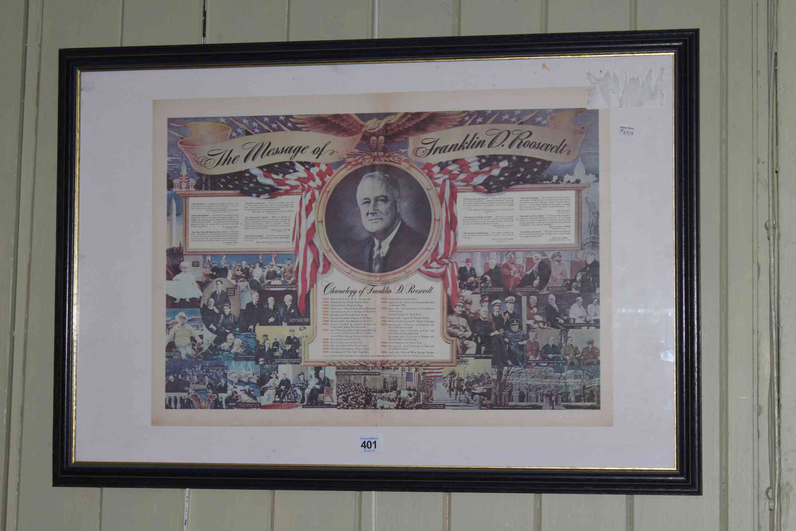 Framed and glazed poster print 'The Message of Franklin D. Roosevelt', 56cm by 81cm overall.