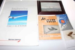 Aviation items including signed oil painting of Sunderland aircraft, Concorde engineers calendar,