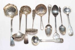 Collection of four silver sifting spoons (one George III), antique mote spoon,