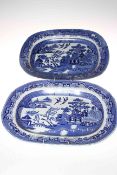 Two blue and white meat plates, 46cm long.