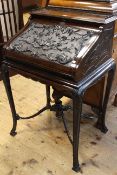 Late Victorian carved mahogany ladies writing desk on cabriole legs joined by scrolled stretchers,