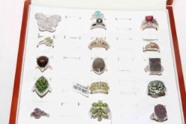 Collection of sixteen silver rings including gem set pieces.