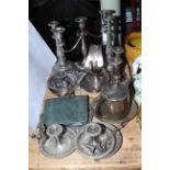 Collection of silver plated ware including candelabra, candlesticks, chamber sticks, etc.