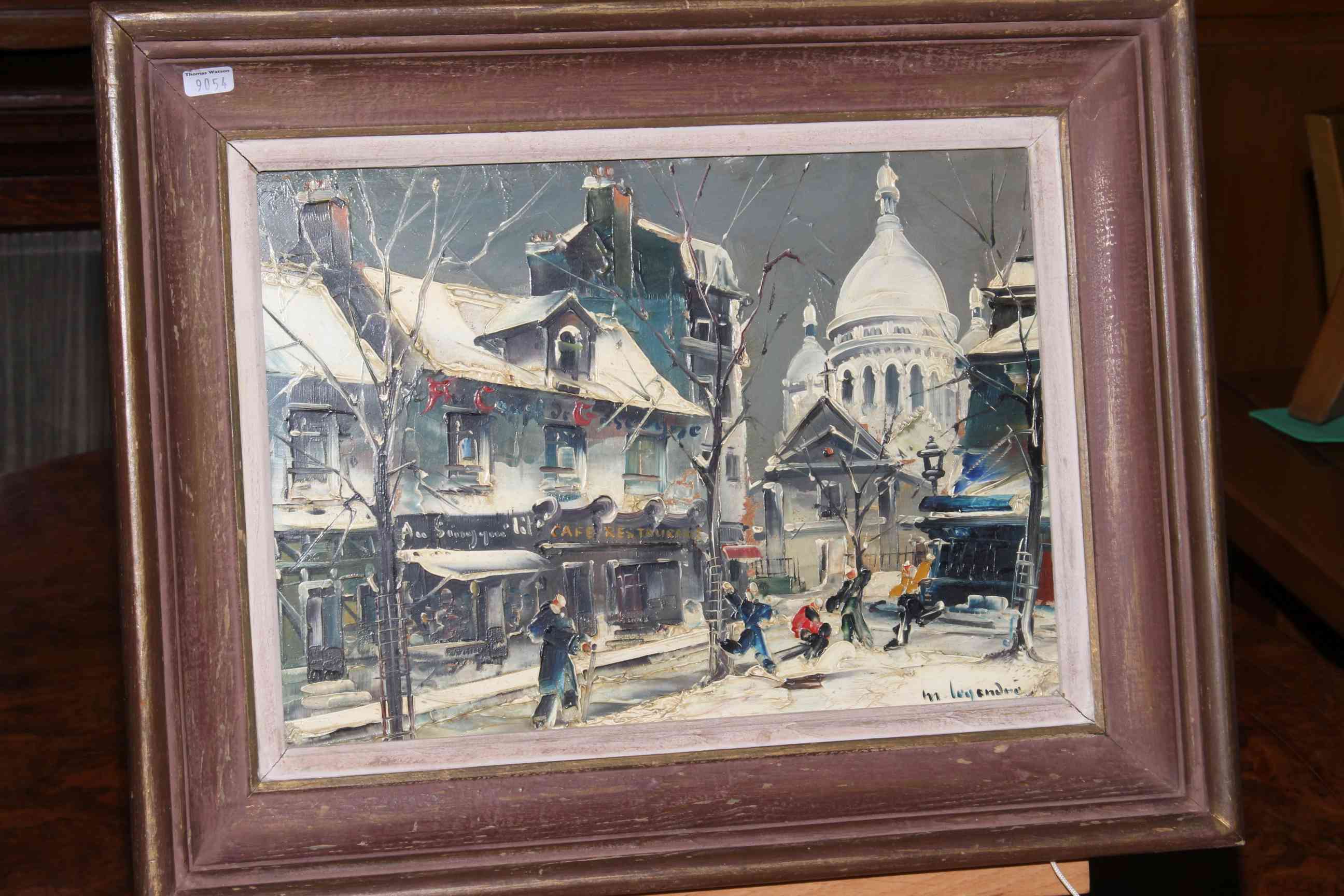 M. Legendre, La Place Du Tertre, Sacre Couer, oil on board, signed lower right, 22cm by 32cm framed.