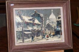 M. Legendre, La Place Du Tertre, Sacre Couer, oil on board, signed lower right, 22cm by 32cm framed.