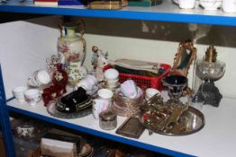 Silver topped glass jar, oil lamp, teawares, metalwares, jewellery boxes.