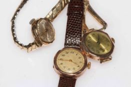 Three ladies 9 carat gold wristwatches (gold cases).
