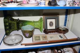 Plant stand and jardiniere, walking canes, barometer, prints.
