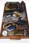 Tray of collectables including snuff boxes, paperweights, military buttons, cutlery, spectacles,