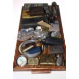 Tray of collectables including snuff boxes, paperweights, military buttons, cutlery, spectacles,