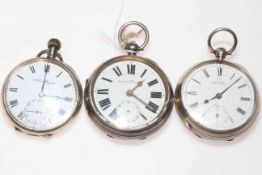 Two silver pocket watches and one sterling silver pocket watch.
