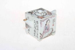 Chinese cube teapot with figure decoration and calligraphy, 9cm high.