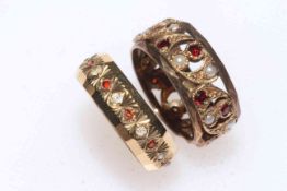 Two 9 carat gold, garnet, seed pearl and diamond set band rings.