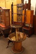 1930's circular oak storage table, sewing chair, glazed wall cupboard and mahogany wall shelf (4).