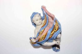 Continental Delft ware cherub wall font, blue marks, 30cm drop.