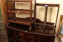 1920's mahogany bow front sideboard, oak barley twist occasional table and three tier trolley (3).