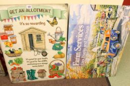 Two signs, Farm Services and Get an Allotment.