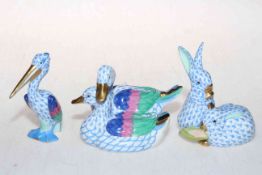 Three small Herend pieces, rabbits, pelican and ducks.