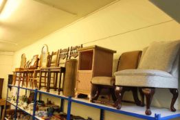 Eight cane seated bedroom side chairs, Lloyd Loom linen bin and pedestal,